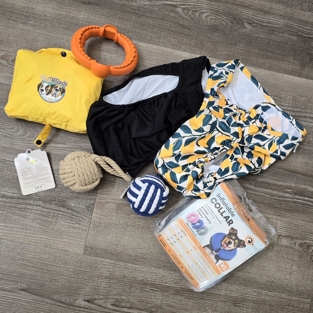 XL dog set windbreaker, floatie' 2 cloth diapers, chew toy and 2 roped balls